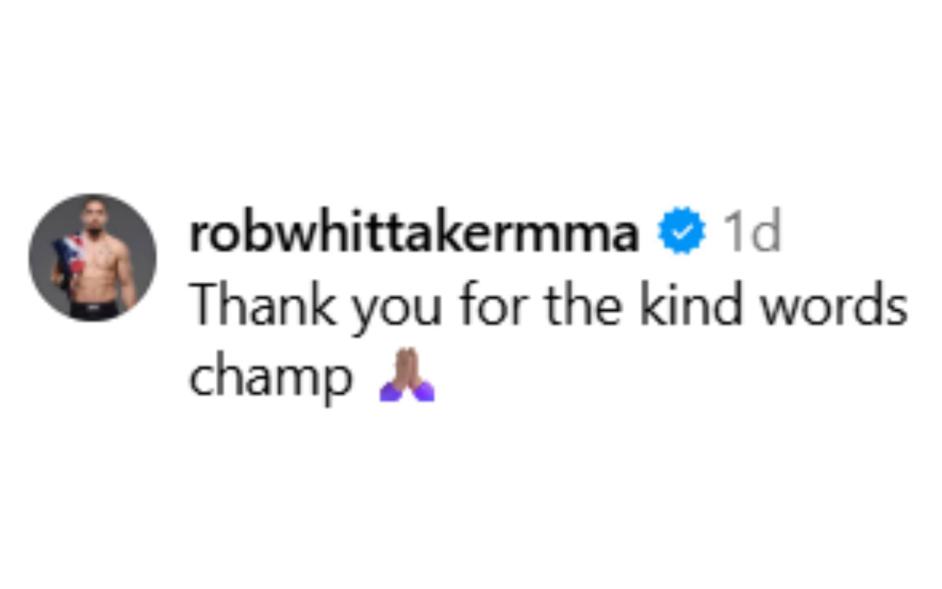 Screenshot of Robert Whittaker's comment on Dricus du Plessis' Instagram post